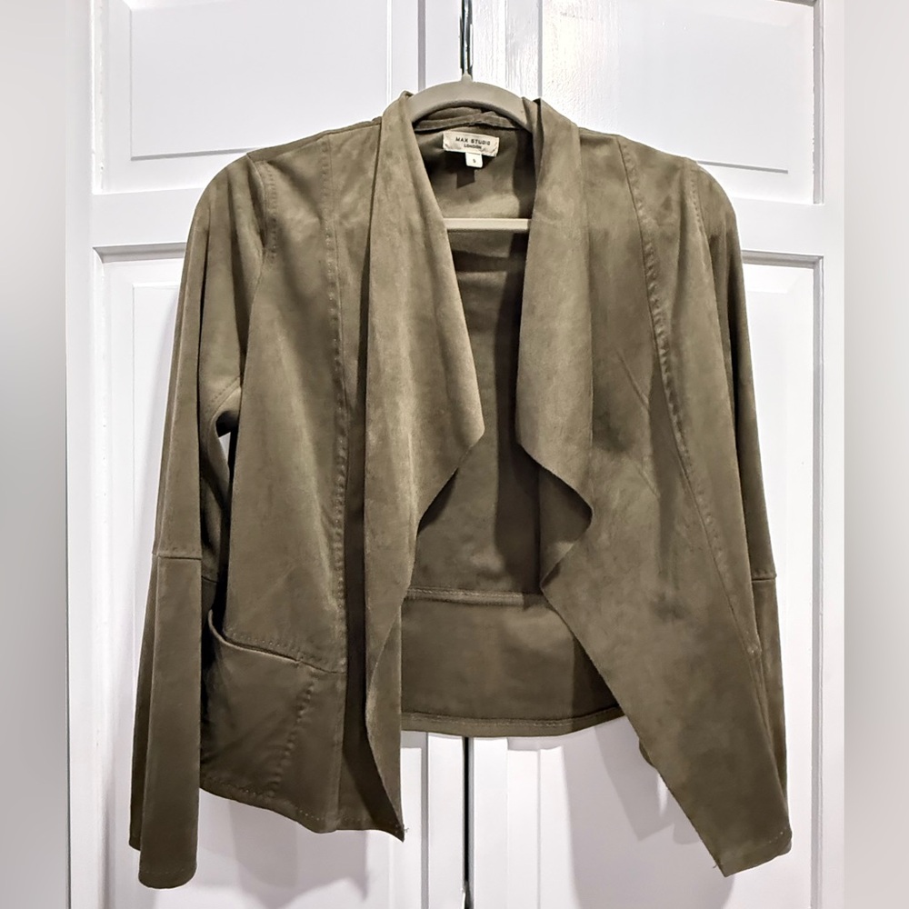 Max Studio Olive Green Draped Faux Suede Jacket | Boho Bohemian Open Front